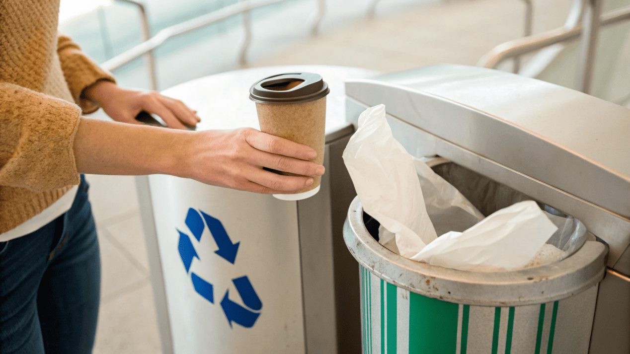 Wish-cycling and Consumer Confusion A person incorrectly placing a coffee cup into a paper recycling bin