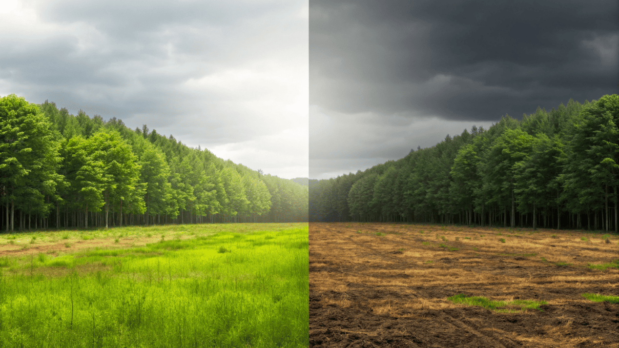 Environmental Impact of Mass Coffee Cup Consumption A time-lapse style image showing a forest turning into a landfill filled with cups.