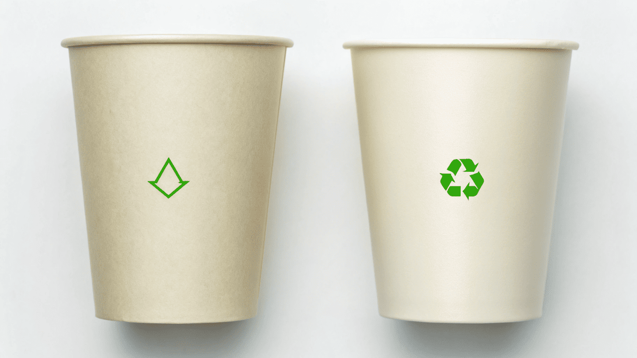 Comparing Compostable and Recyclable Paper Cups A compostable cup and a recyclable cup shown side-by-side with green arrows.
