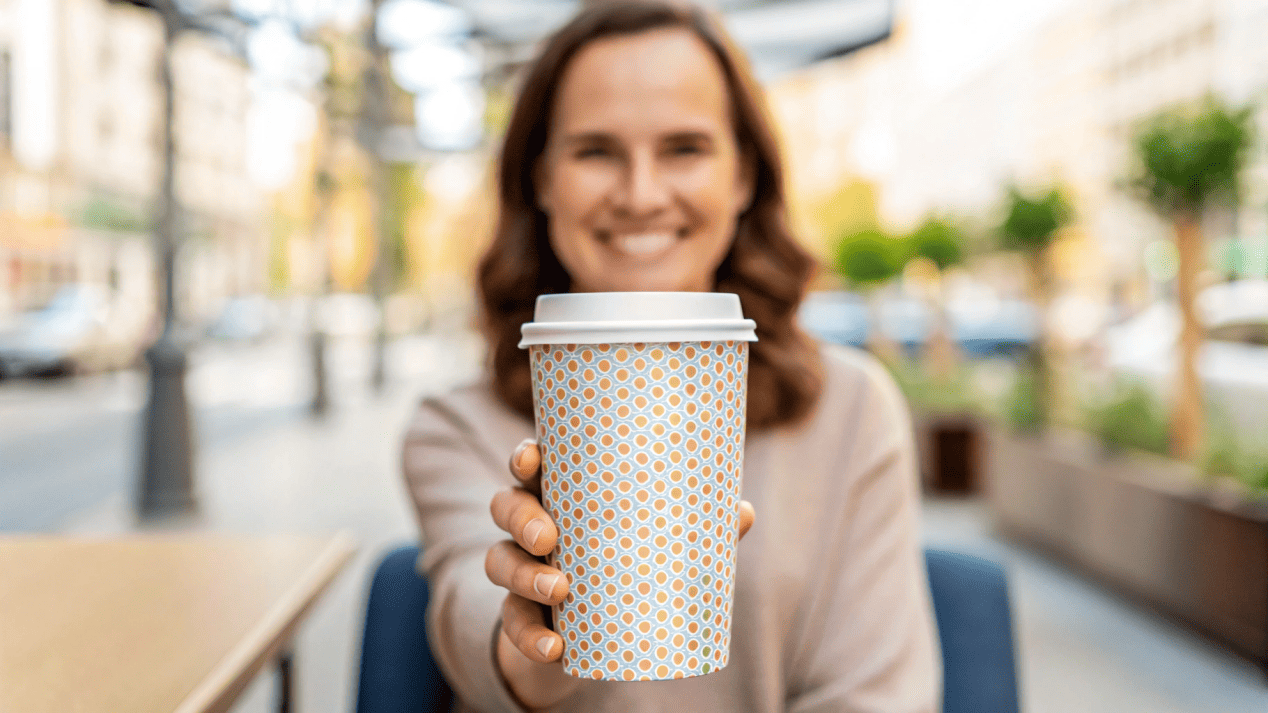 A Cup That Shows You Care A customer comfortably holding a well-designed, custom-branded paper coffee cup.