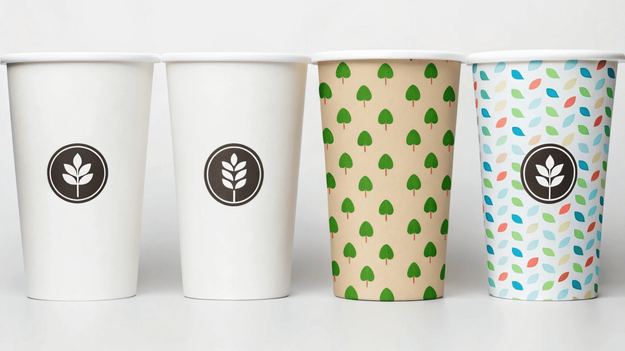 A collection of different branded paper cups showcasing various identities.