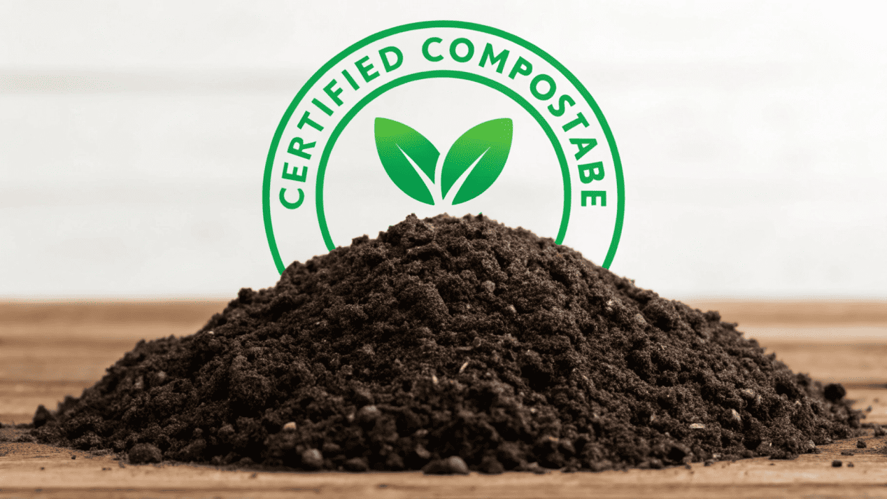 The Guarantee of Compostable Certification The BPI Certified Compostable logo next to an image of rich, dark compost soil.