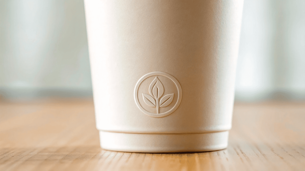 BPI Certified Compostable Paper Cup A BPI Certified Compostable logo on the bottom of a paper cup.