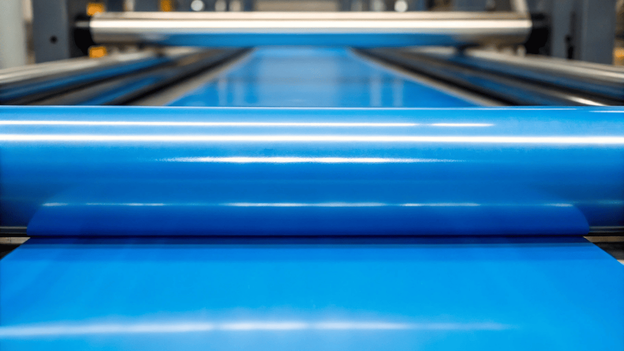 A close-up shot of a machine applying a thin, glossy PE lining to paperboard.