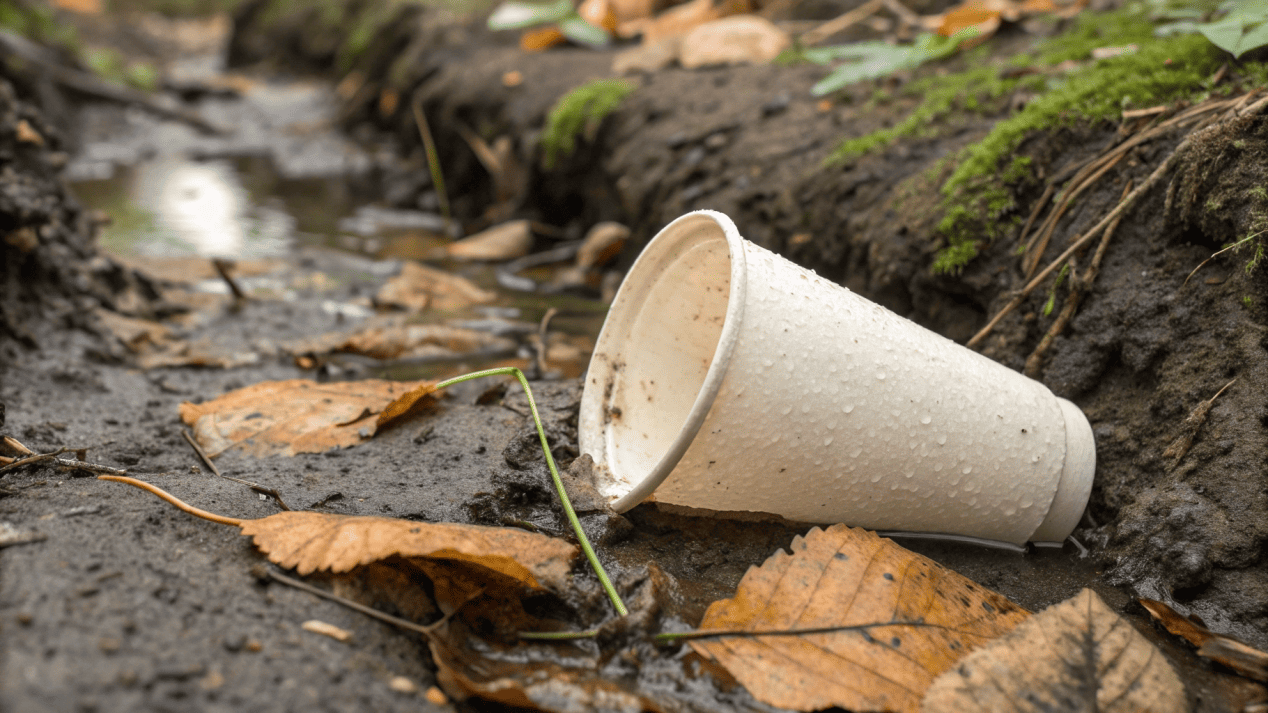 The Ambiguity of the Biodegradable Label A plastic-looking cup sitting unchanged in a pile of dirt and leaves.
