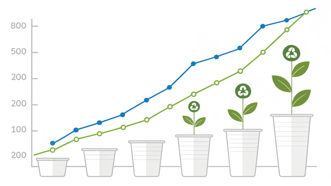 A graph showing the price gap between PE cups and PLA cups narrowing over time.