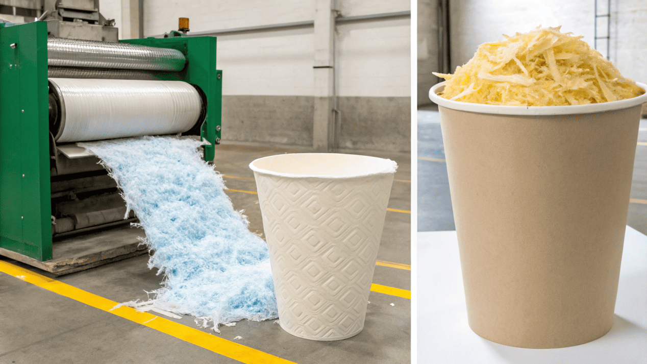 The Process of Recycling Modern Paper Cups An illustration of paper fibers being separated from a water-based coating during pulping.