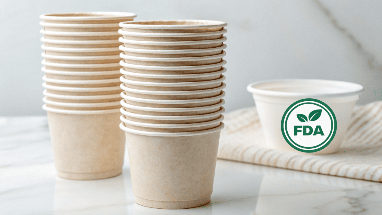 Certified-Safe Paper Cups An image showing FDA and BRC certification logos next to a clean stack of paper cups.