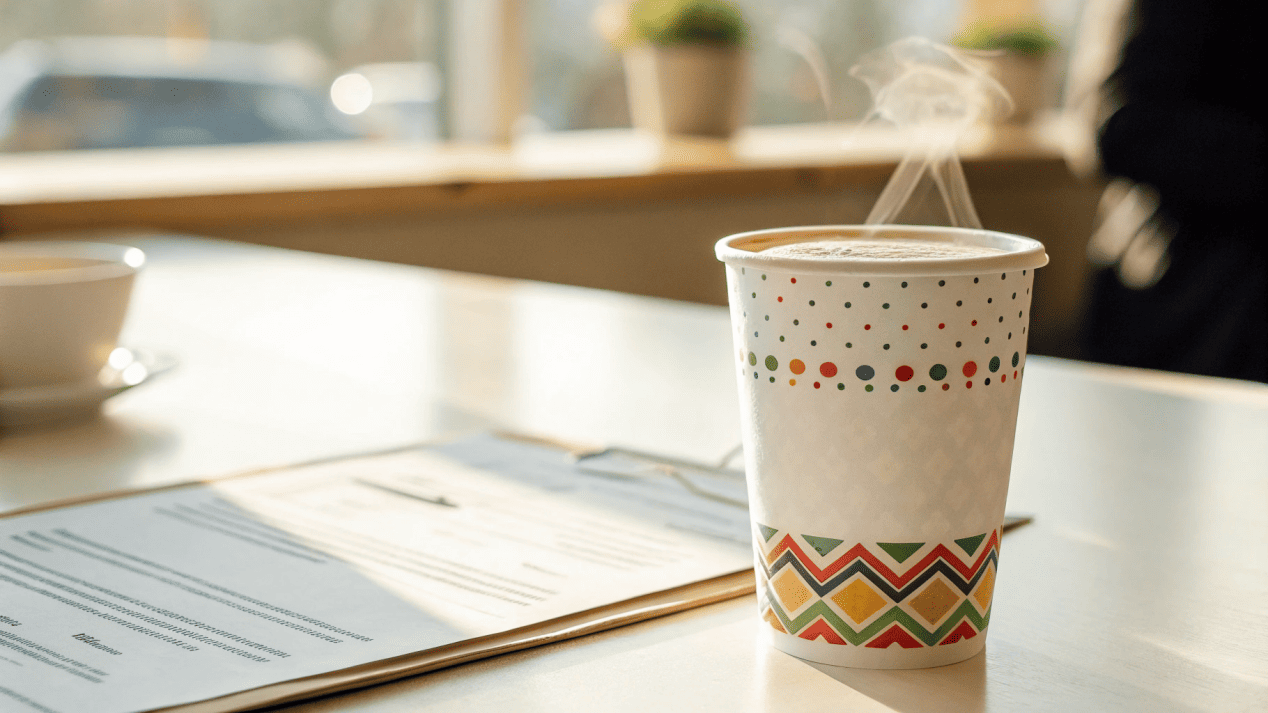 Food Safety of Paper Cup Coatings A certificate of food safety (like FDA or BRC) next to a clean, steaming coffee cup.