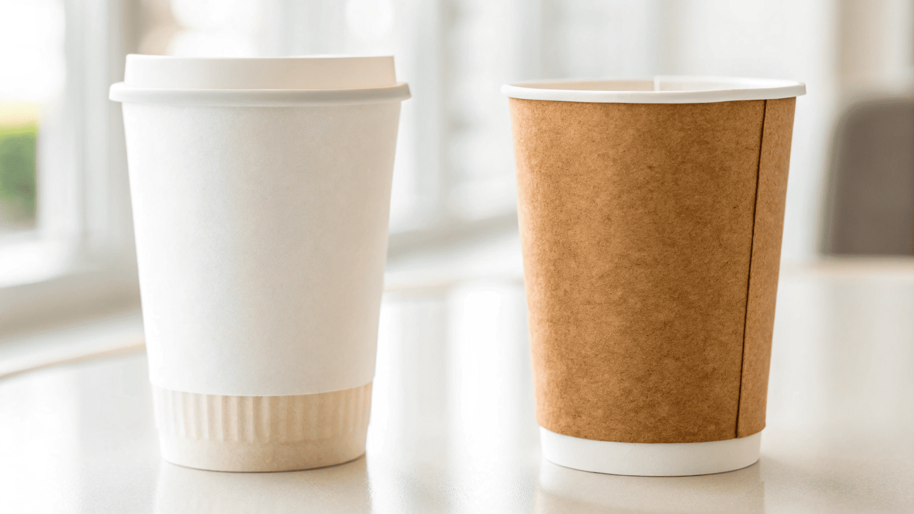 Side-by-side comparison of a white paperboard cup and a Kraft paper cup.