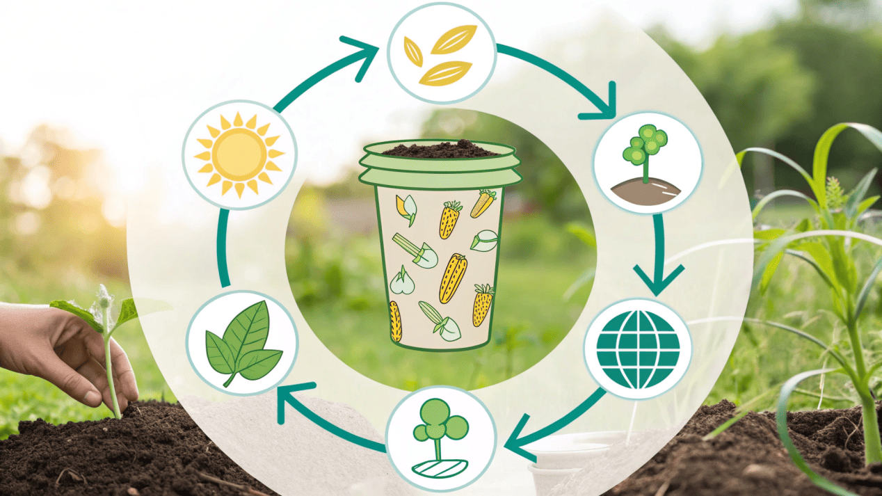 A graphic showing the circular lifecycle of a PLA cup, from plant to cup to compost.