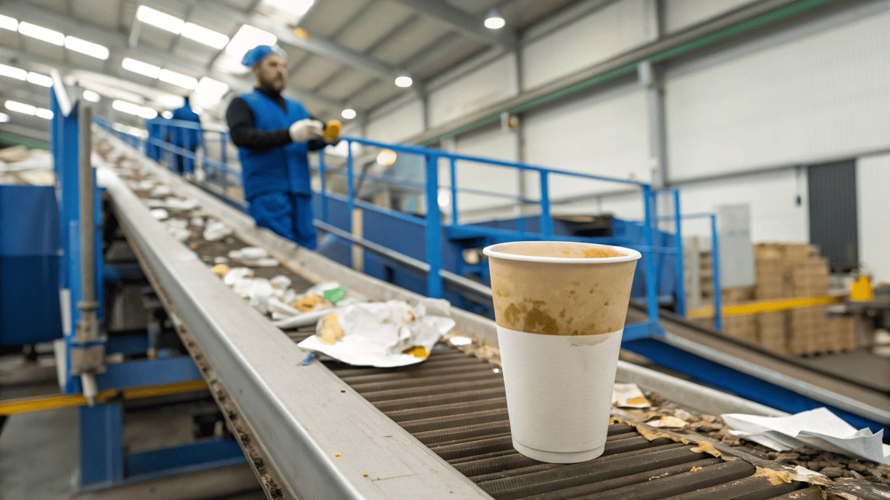The Challenges of Recycling Paper Food Containers A recycling facility sorting line where contaminated coffee cups are being removed from the paper stream.