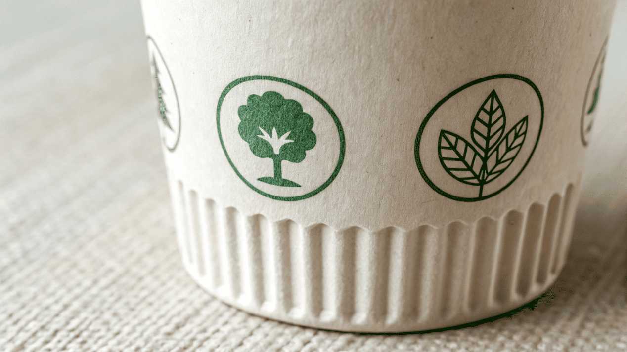 A close-up of the bottom of a paper cup showing the FSC, BPI, and CMA logos.