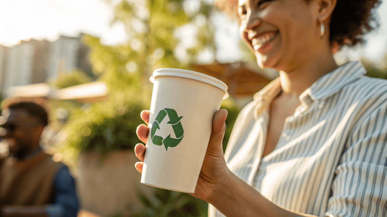 Sustainable Cups as a Brand Investment A customer smiling while holding a branded paper cup with a "Please Recycle Me" message.