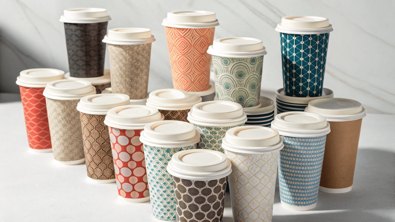 Custom Designed Paper Cups A collage of beautifully designed, custom-printed paper cups from different brands.