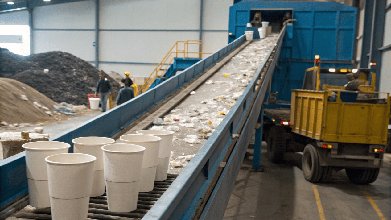 The Paper Cup Recycling Problem An image of paper cups being sorted out of a paper recycling stream and sent to a landfill pile.