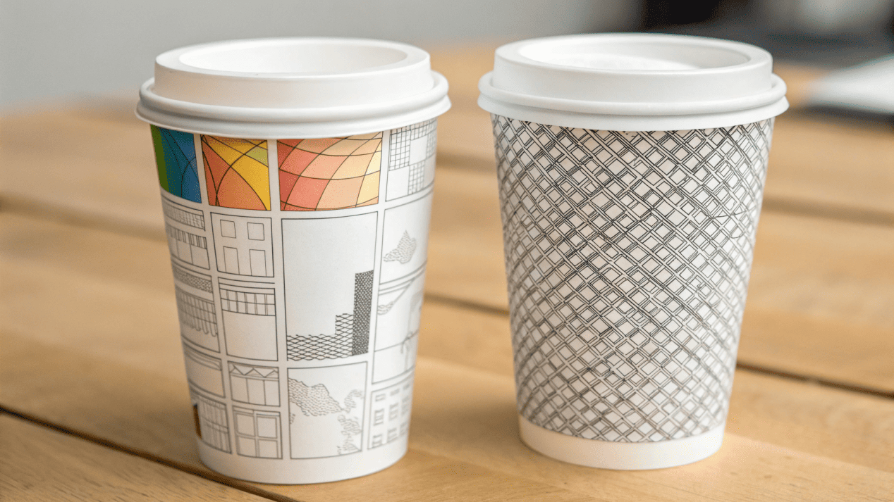 An example of detailed offset printing next to a simple flexo print on a cup.