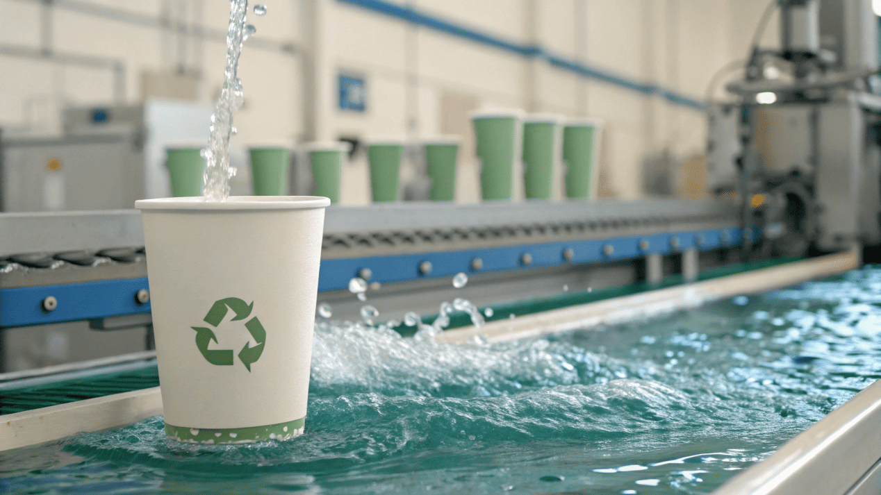 A simple animation showing an aqueous-coated cup dissolving in a paper recycling pulper.
