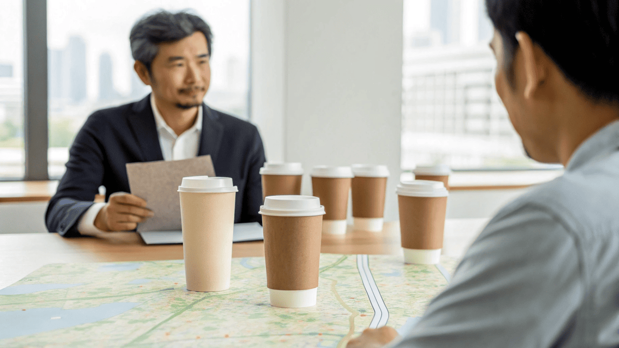 A packaging expert consulting with a client, showing them physical samples and certification documents.