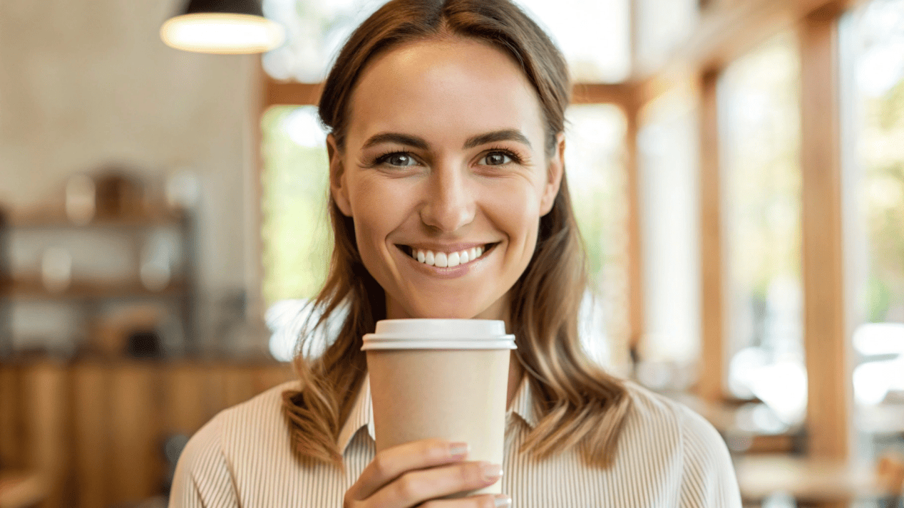 Building Brand Trust with Paper Cups A customer smiling while drinking from a branded cup, showing loyalty and trust.