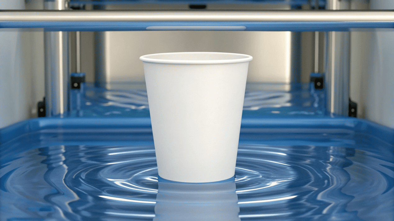 The Water-Based Coating Solution An animated graphic showing a water-based coated cup dissolving in a recycling pulper, leaving clean paper fibers.