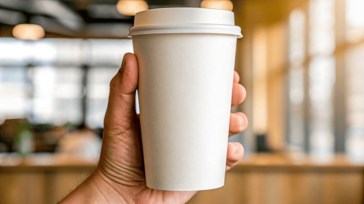 A sturdy, premium-looking paper cup being held, with text highlighting "High Performance + Recyclable".