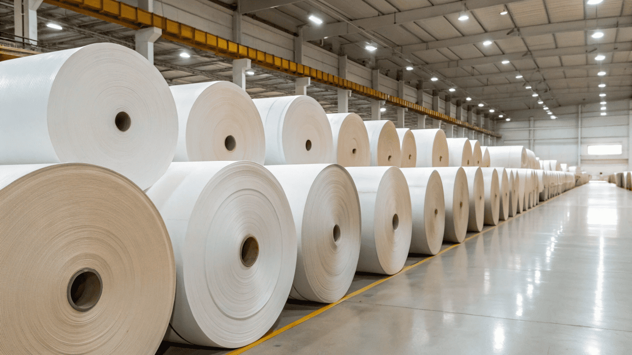 A factory floor with large rolls of coated paper, symbolizing the scale of production