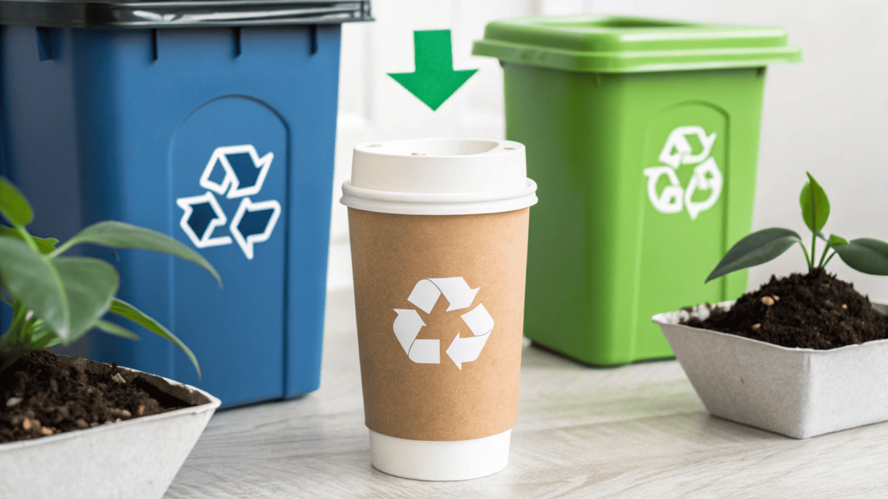 Three arrows pointing from a paper cup to three different end-of-life options: landfill, compost bin, and recycling bin