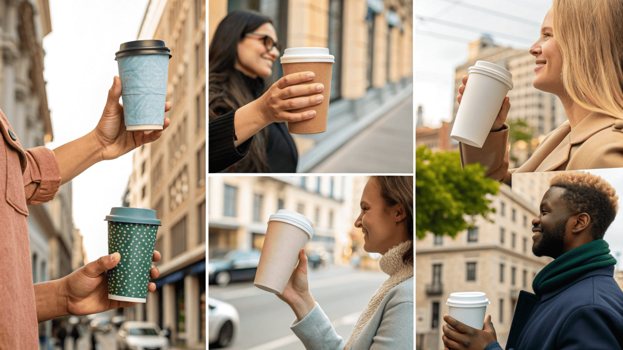 Brand Impact of Custom Cups A collage of Instagram photos featuring customers holding stylishly branded paper cups.