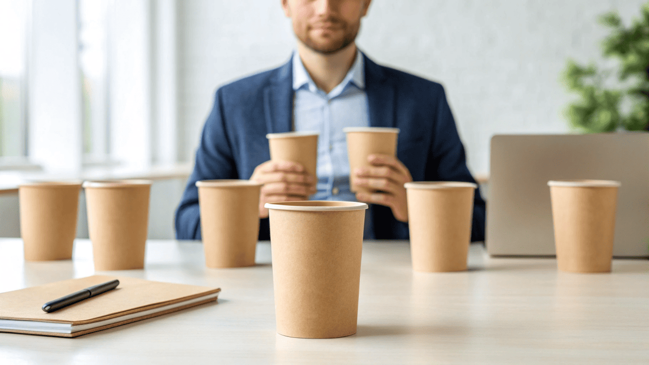 A business owner inspecting a paper cup sample from a supplier.