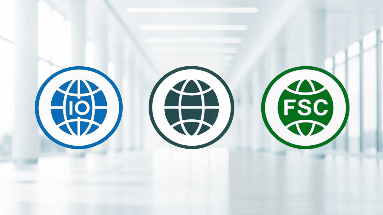 A collage of certification logos like ISO, BRC, and FSC.