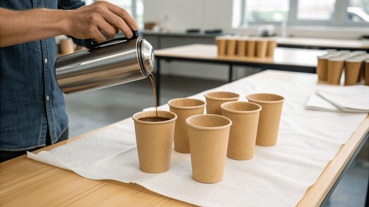 A person performing a leak test on a paper cup sample by filling it with coffee.