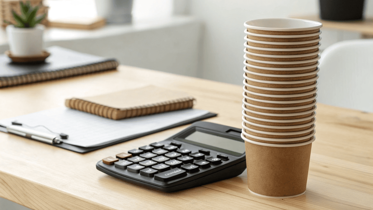 A calculator next to a stack of paper cups, symbolizing total cost calculation.