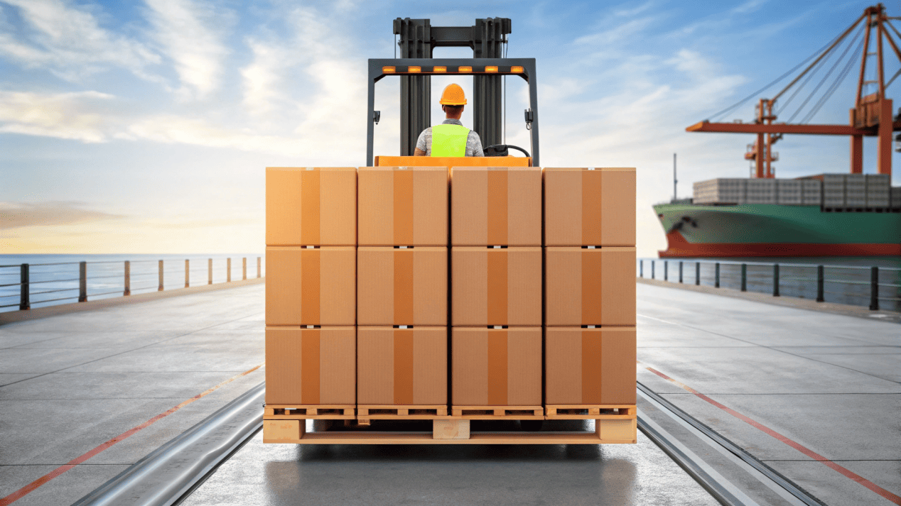 A well-packaged carton of paper cups being loaded onto a cargo ship.
