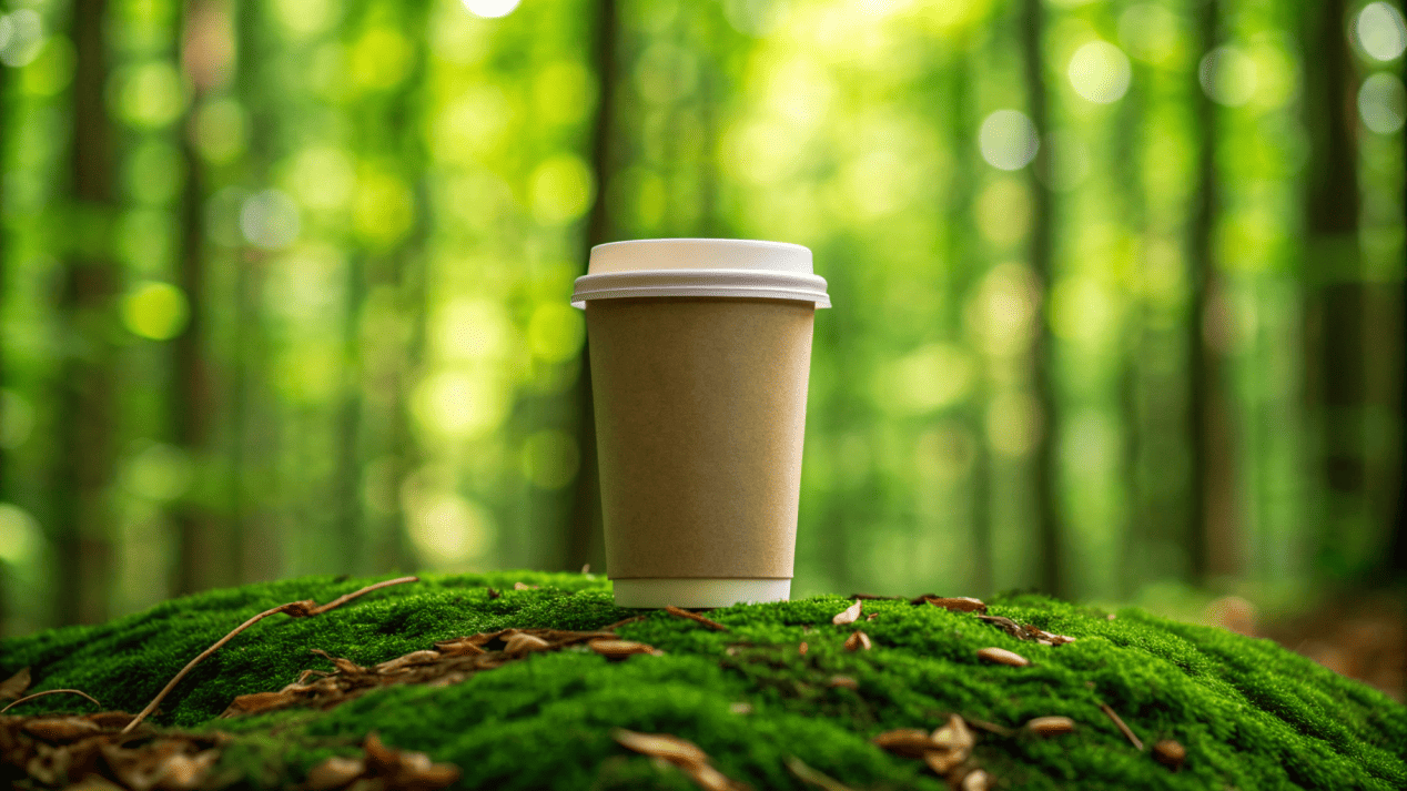 Are Paper Cups Sustainable? A paper cup sitting in a lush green forest, questioning its environmental impact.