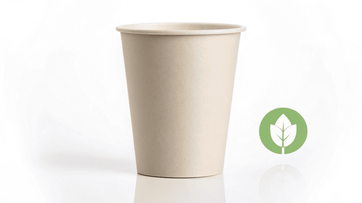 The Future is Glue-Free Paper Cups A clean, modern-looking paper cup with a "glue-free" icon next to it