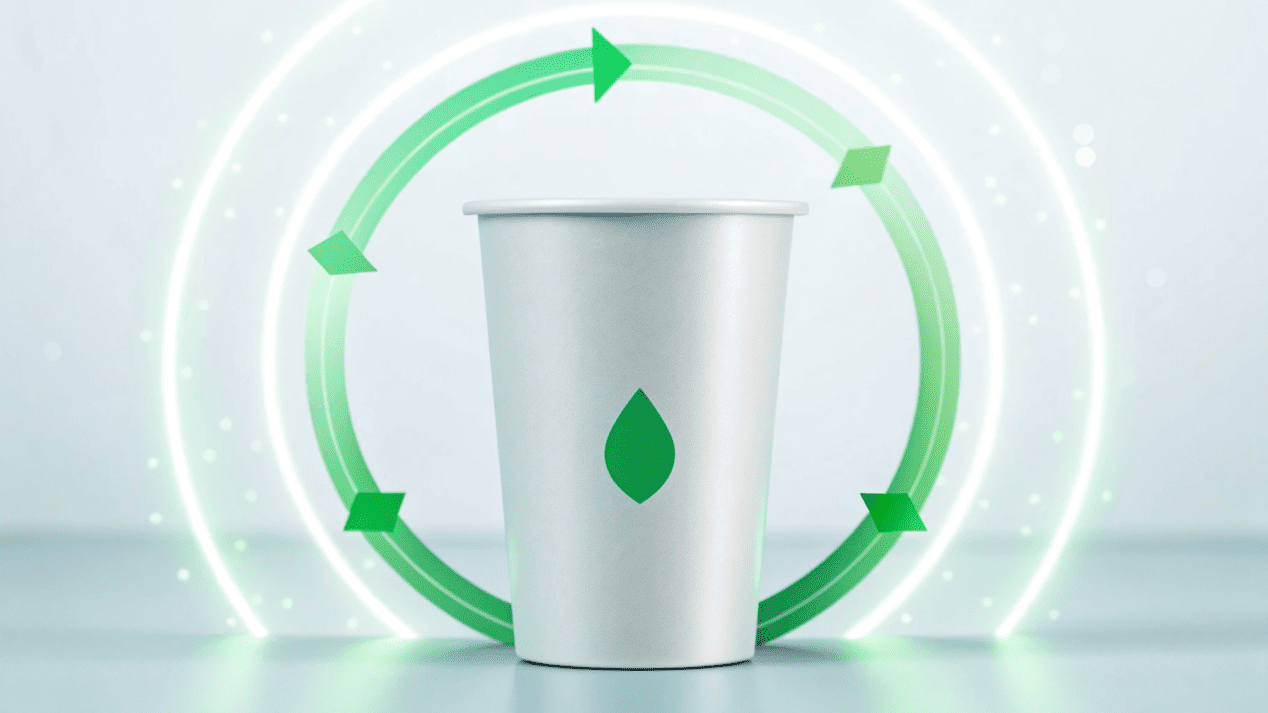 An illustration showing a futuristic paper cup with green arrows forming a circular loop around it.