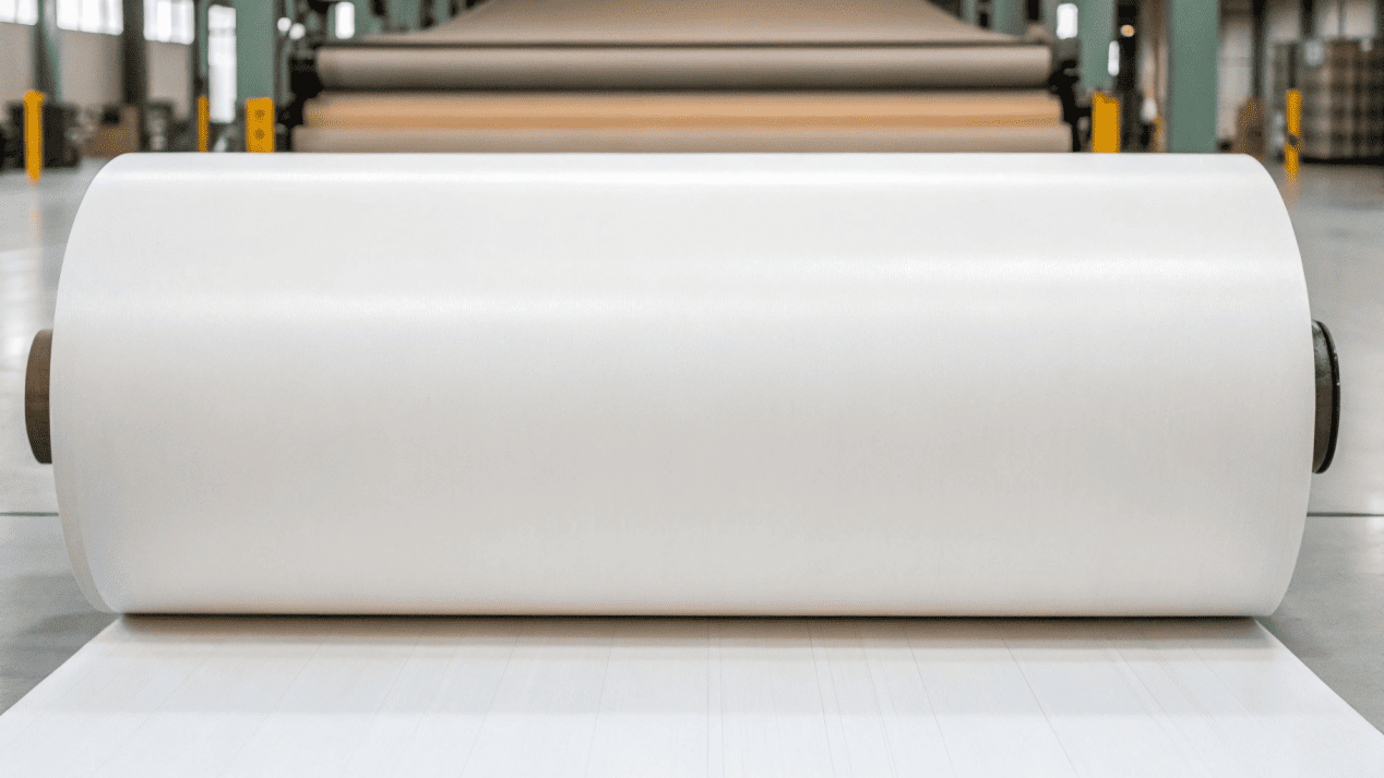 High-Quality SBS Cup Stock Paper A close-up of a roll of high-quality SBS paperboard for paper cups.