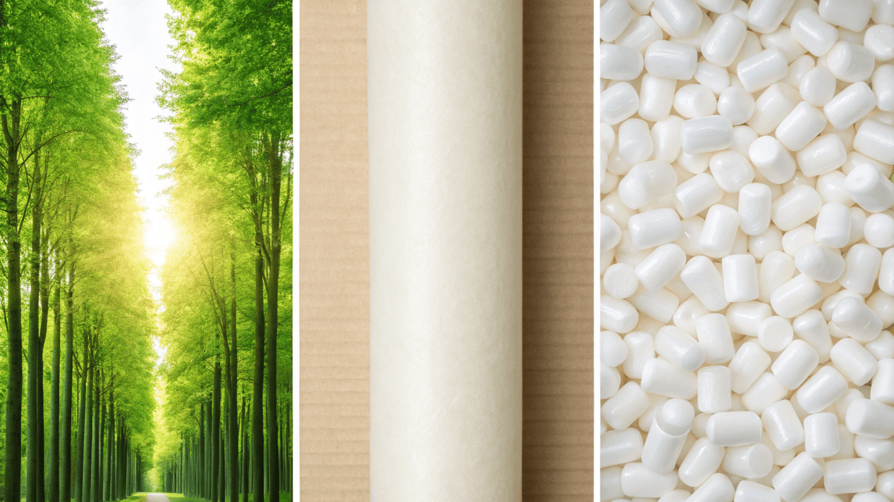 A photo collage showing a sustainable forest, a roll of paperboard, and corn-based PLA pellets