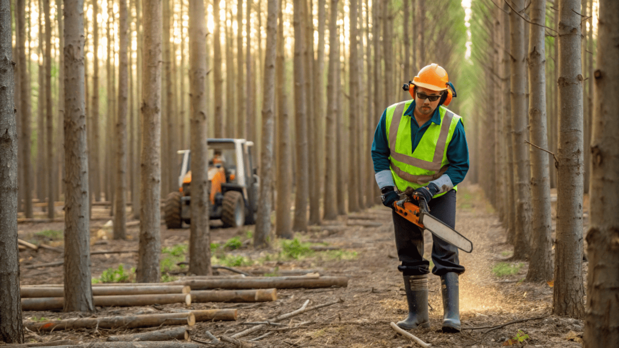 Sourcing Materials for Paper Cups A logger cutting down a tree in a managed forest, showing responsible material sourcing.