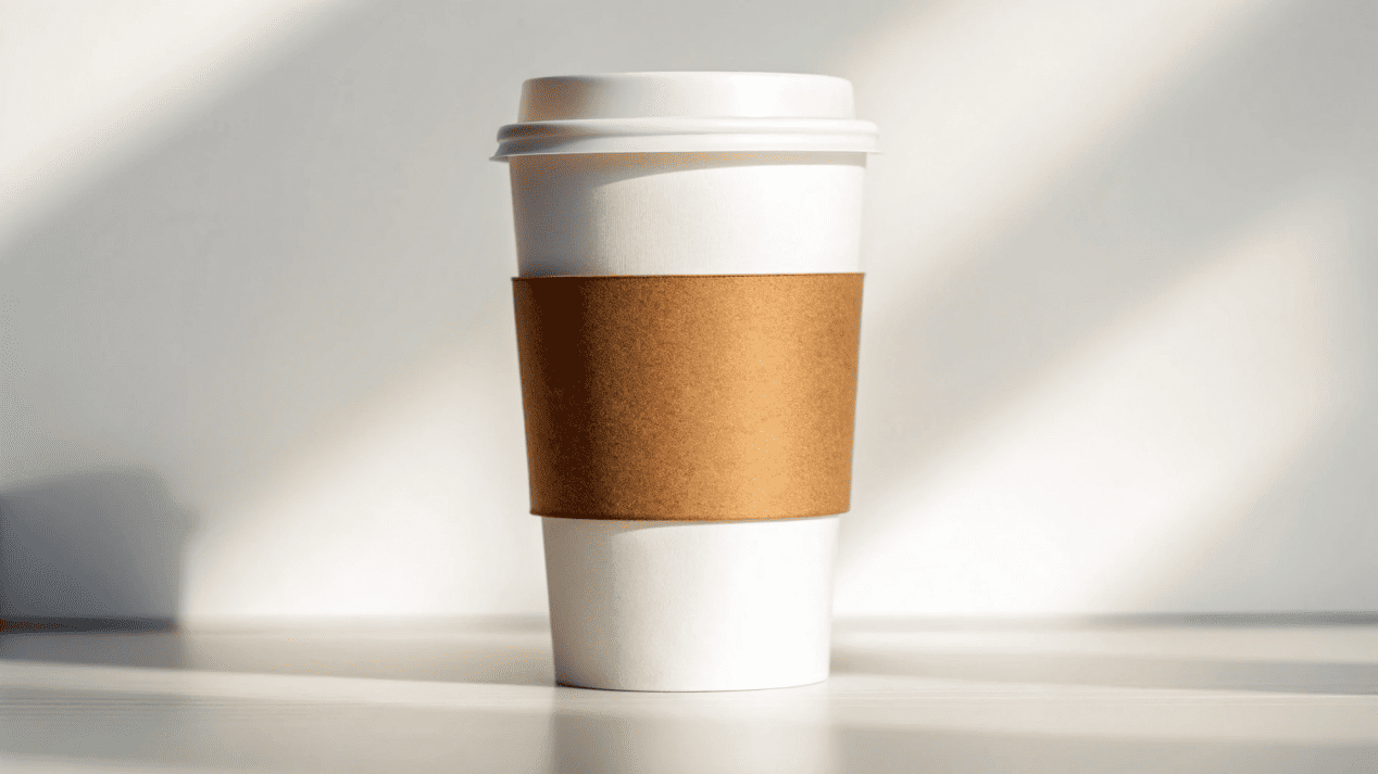 A single wall cup with a branded cardboard sleeve next to it.