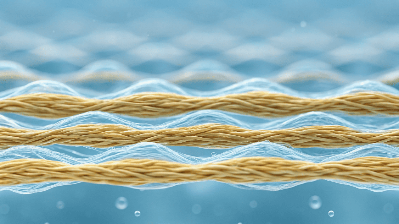 A microscopic view showing a water-based coating separating from paper fibers in water.