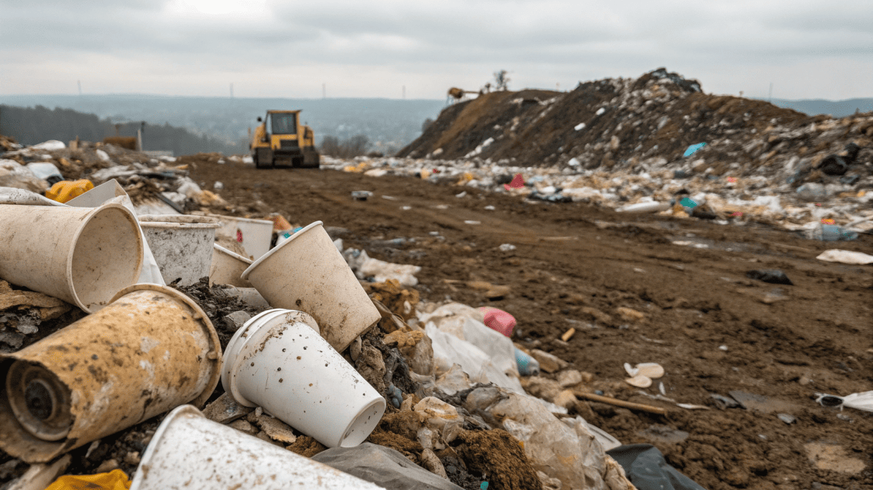 Paper Cup End-of-Life and Recycling Issues A pile of paper cups sitting in a landfill, unable to be recycled.