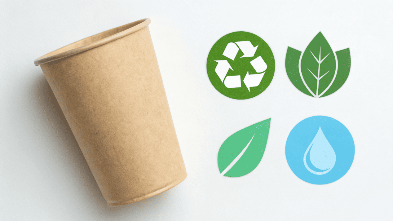 Environmental Benefits of Glueless Cups Icons for recycling, composting, and material purity next to a paper cup