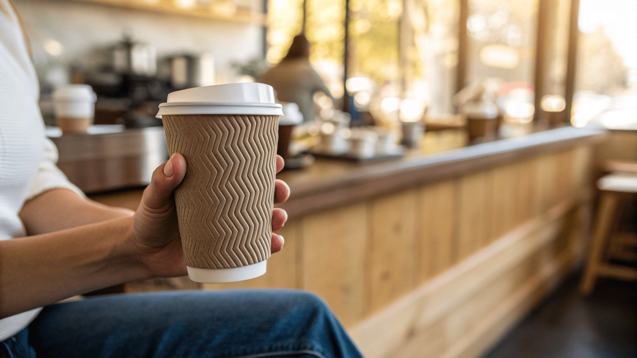 A customer comfortably holding a sleek, branded double wall cup.