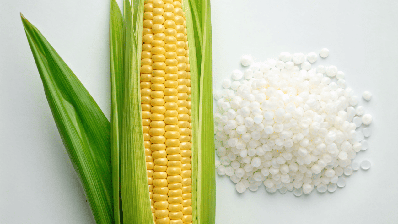 A corn stalk next to a clear pellet of PLA bioplastic, showing the origin of the material