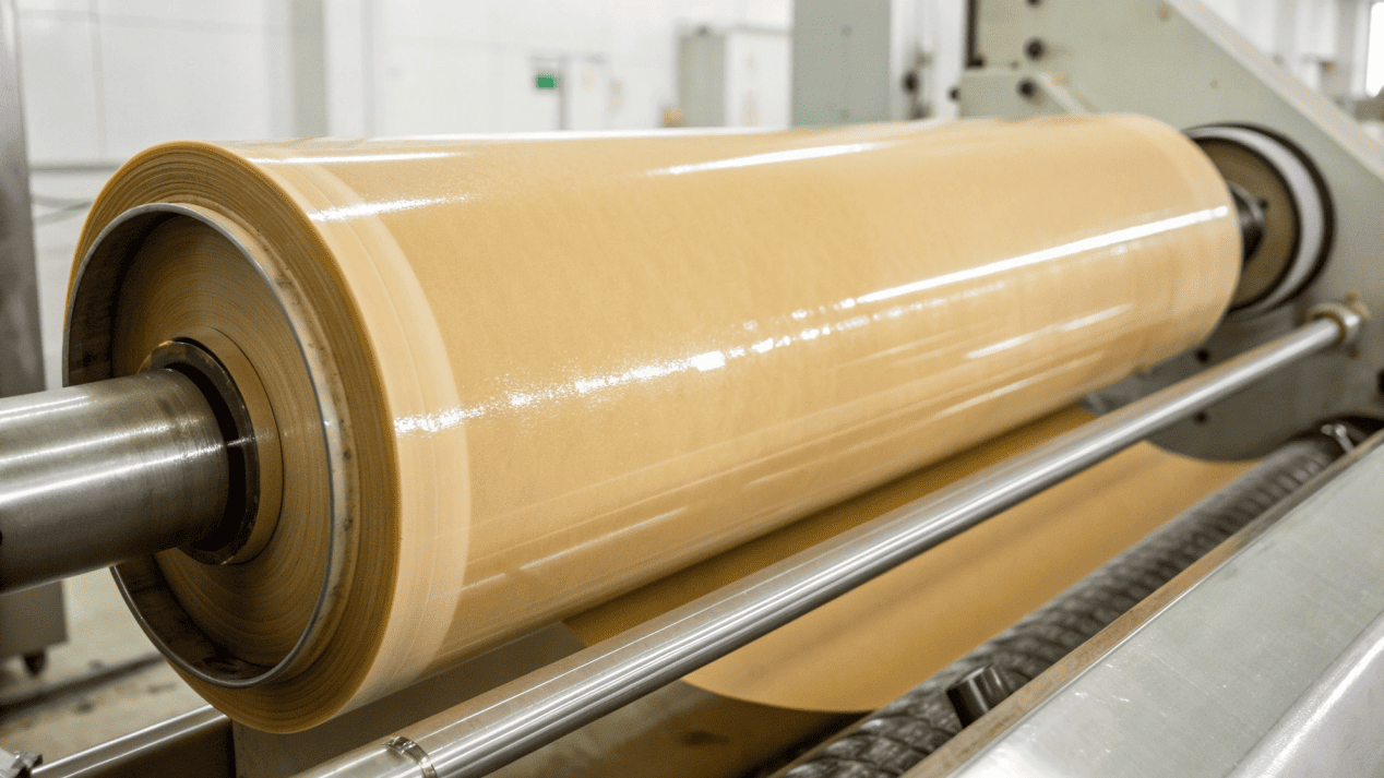 A close-up shot of a large paper roll being fed into a coating machine