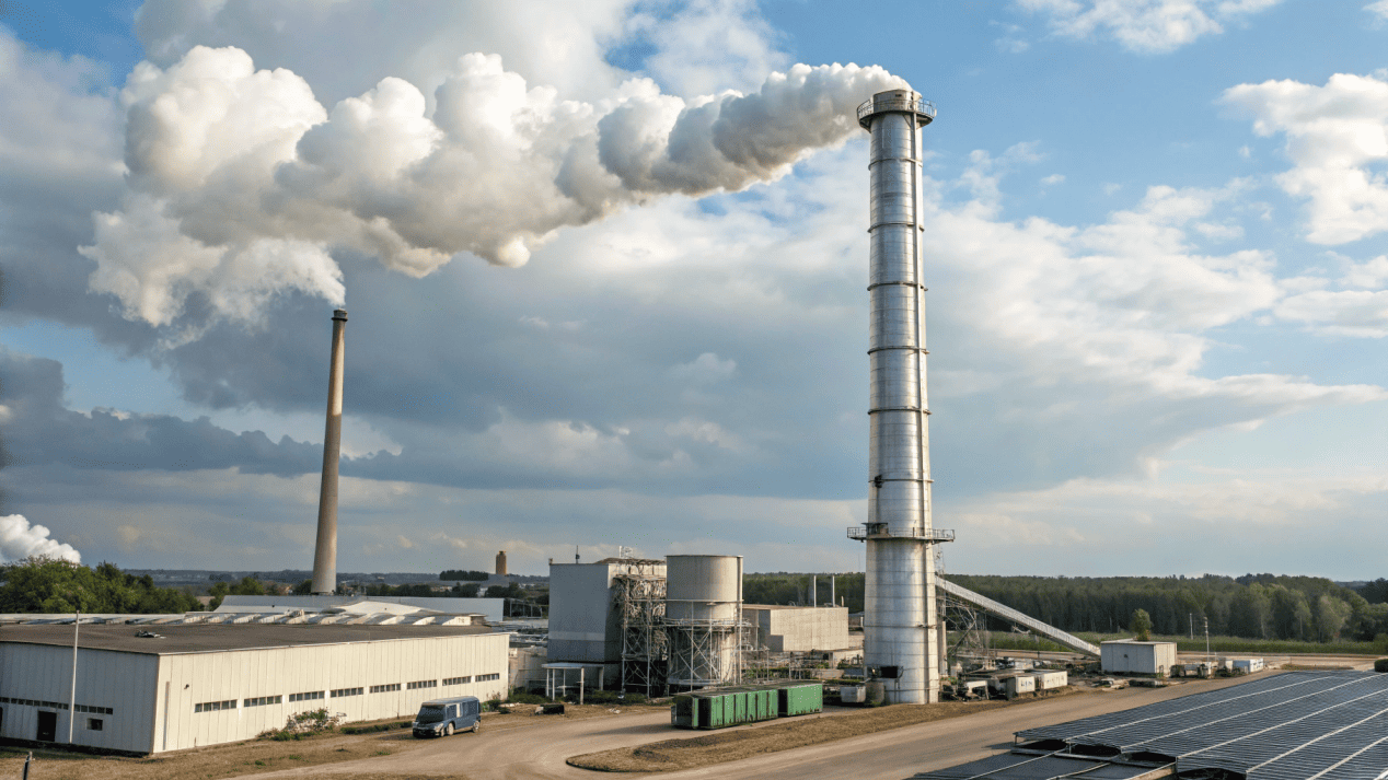 Carbon Footprint of Paper Cups A factory smokestack representing the carbon footprint of paper cup manufacturing.