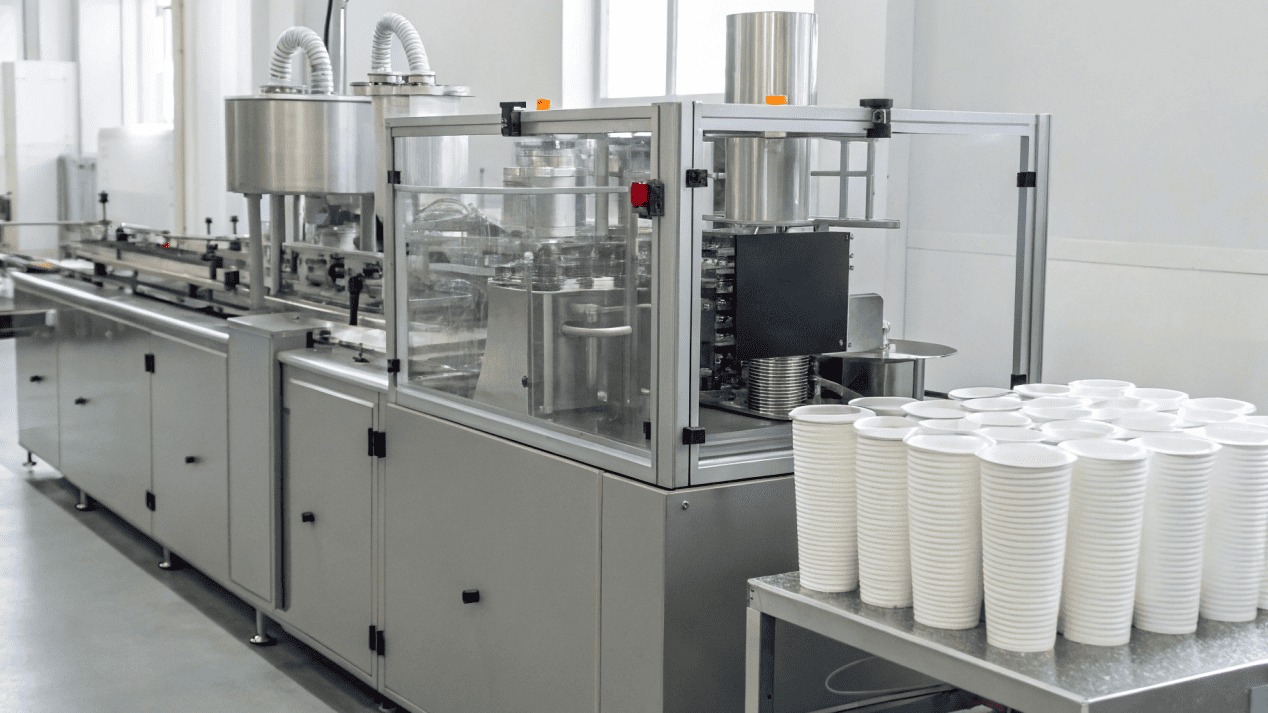 Manufacturing Challenges of Glueless Cups A complex, modern factory machine for making paper cups