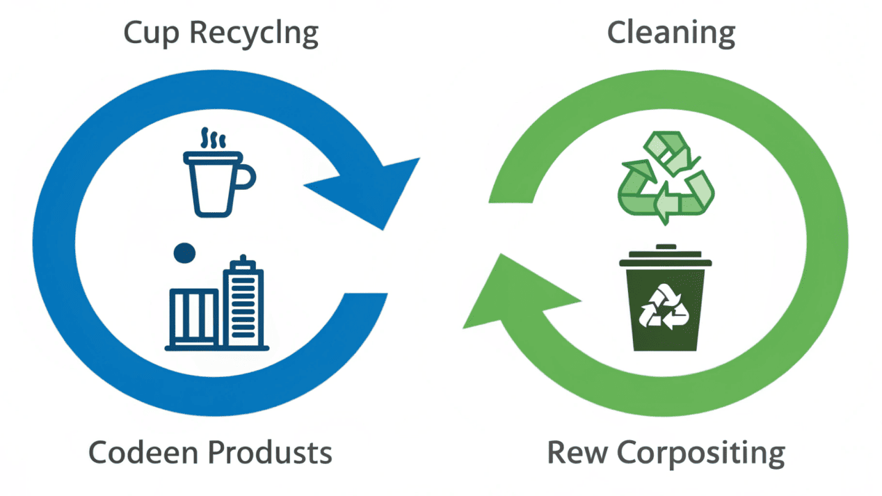 An infographic showing two circular paths: one for recycling cups and one for composting cups.